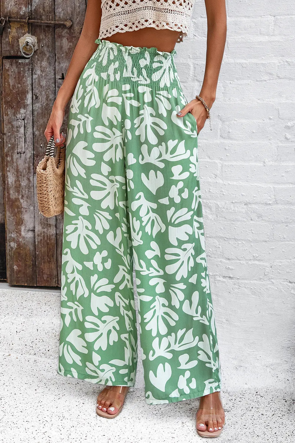 Devine - Smocked Printed - Wide Leg - Pants with Pockets - Pfresh