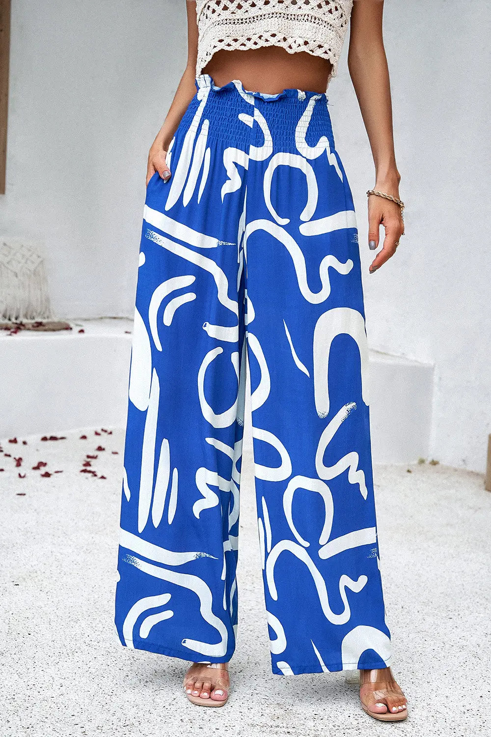 Devine - Smocked Printed - Wide Leg - Pants with Pockets - Pfresh