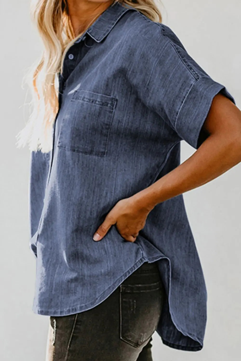 Pocketed Button Up - Short Sleeve - Denim Shirt - Pfresh