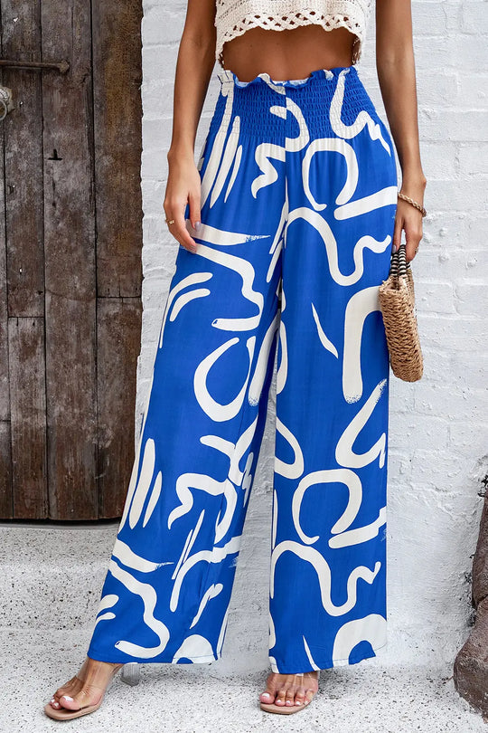 Devine - Smocked Printed - Wide Leg - Pants with Pockets - Pfresh