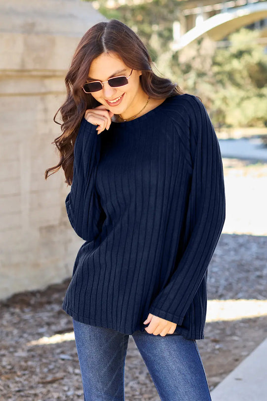 Basic Bae - Full Size - Ribbed Round Neck - Long Sleeve Knit Top - Pfresh