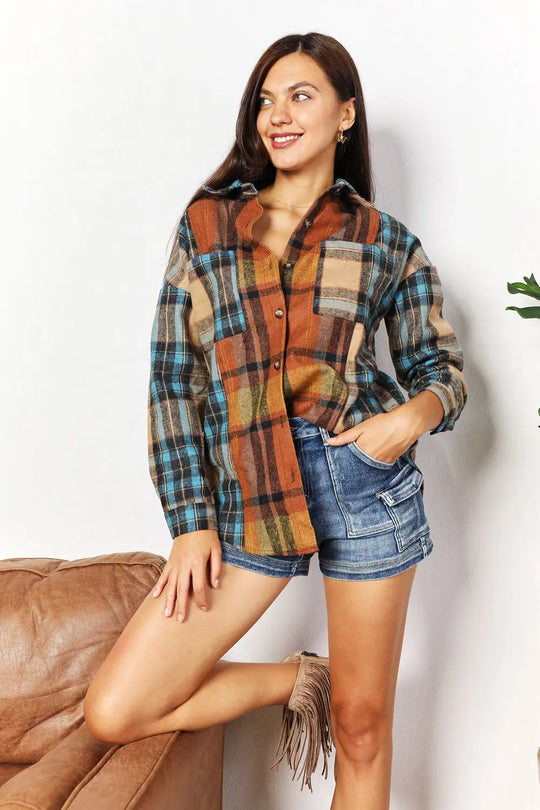 Double Take - Plaid - Curved Hem - Shirt Jacket with Breast Pockets - Pfresh