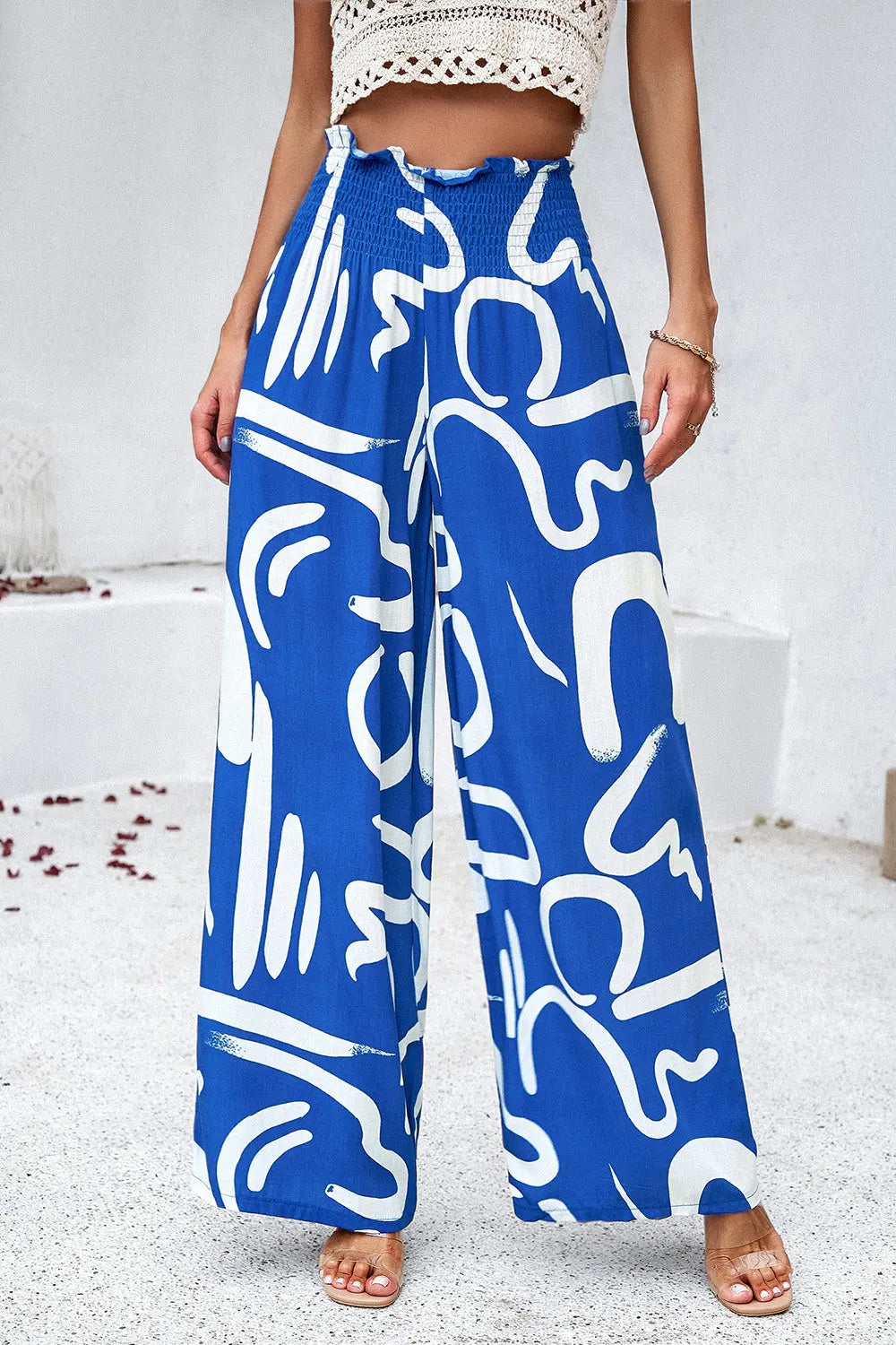 Devine - Smocked Printed - Wide Leg - Pants with Pockets - Pfresh