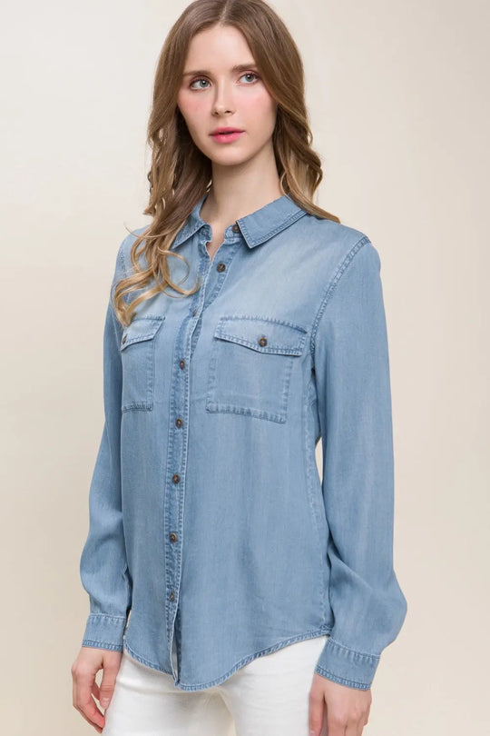 Love Tree - Scooped Hem -  Button Up Denim Shirt - Pfresh