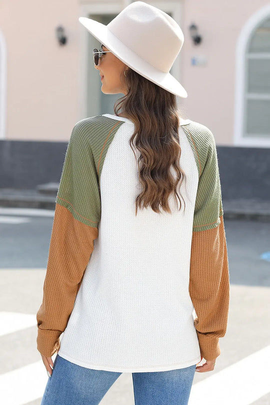 Waffle-Knit Color Block - Long Sleeve Top - Pfresh