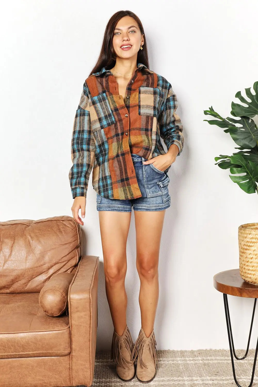 Double Take - Plaid - Curved Hem - Shirt Jacket with Breast Pockets - Pfresh