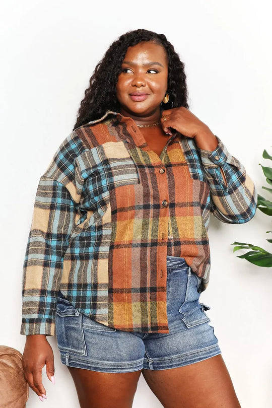 Double Take - Plaid - Curved Hem - Shirt Jacket with Breast Pockets - Pfresh