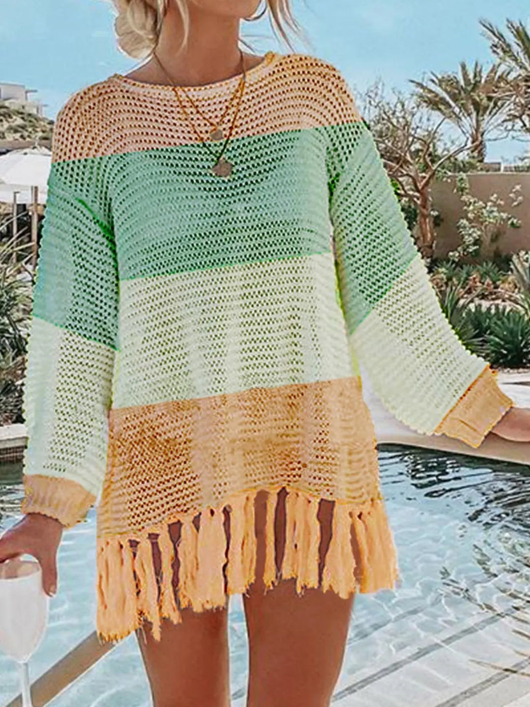 Openwork Tassel Hem Long Sleeve Knit Cover Up - Pfresh