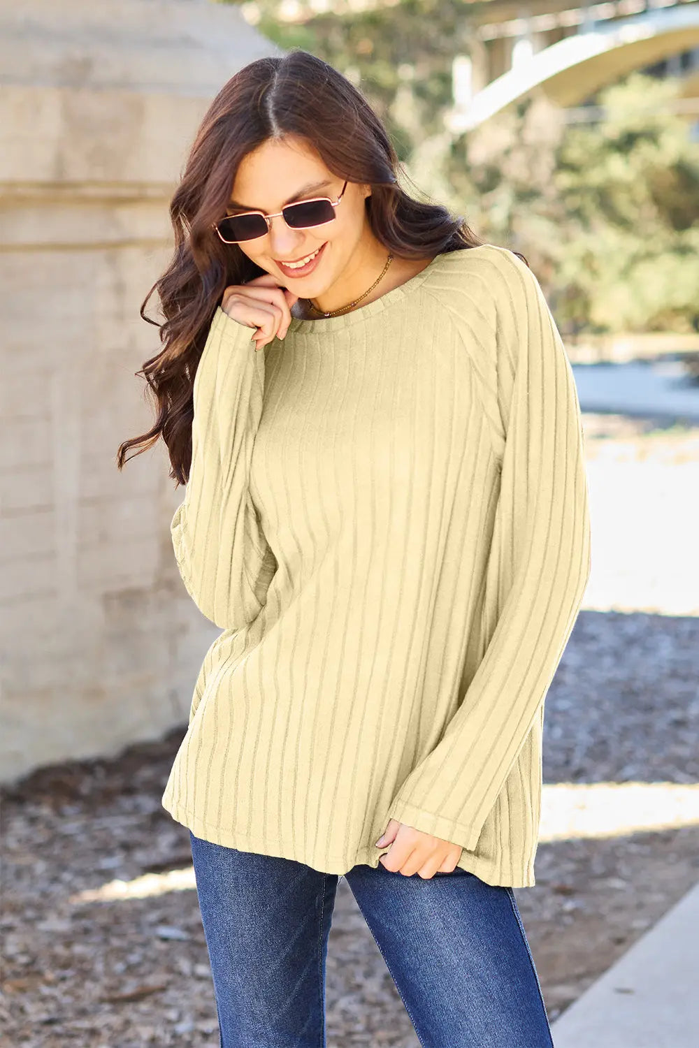 Basic Bae - Full Size - Ribbed Round Neck - Long Sleeve Knit Top - Pfresh