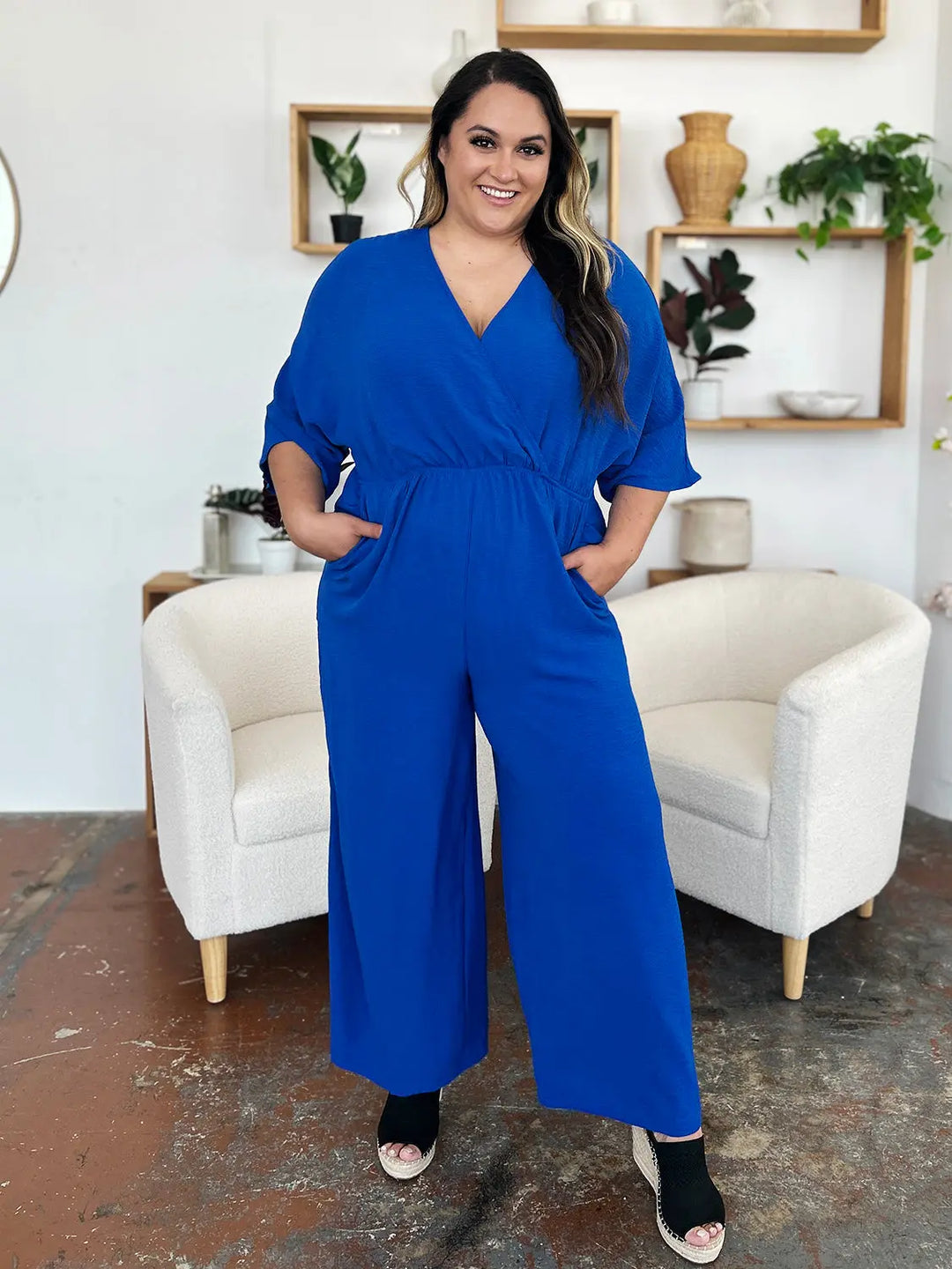 Double Take - Full Size - Surplice Wide Leg - Jumpsuit with Pockets - Pfresh