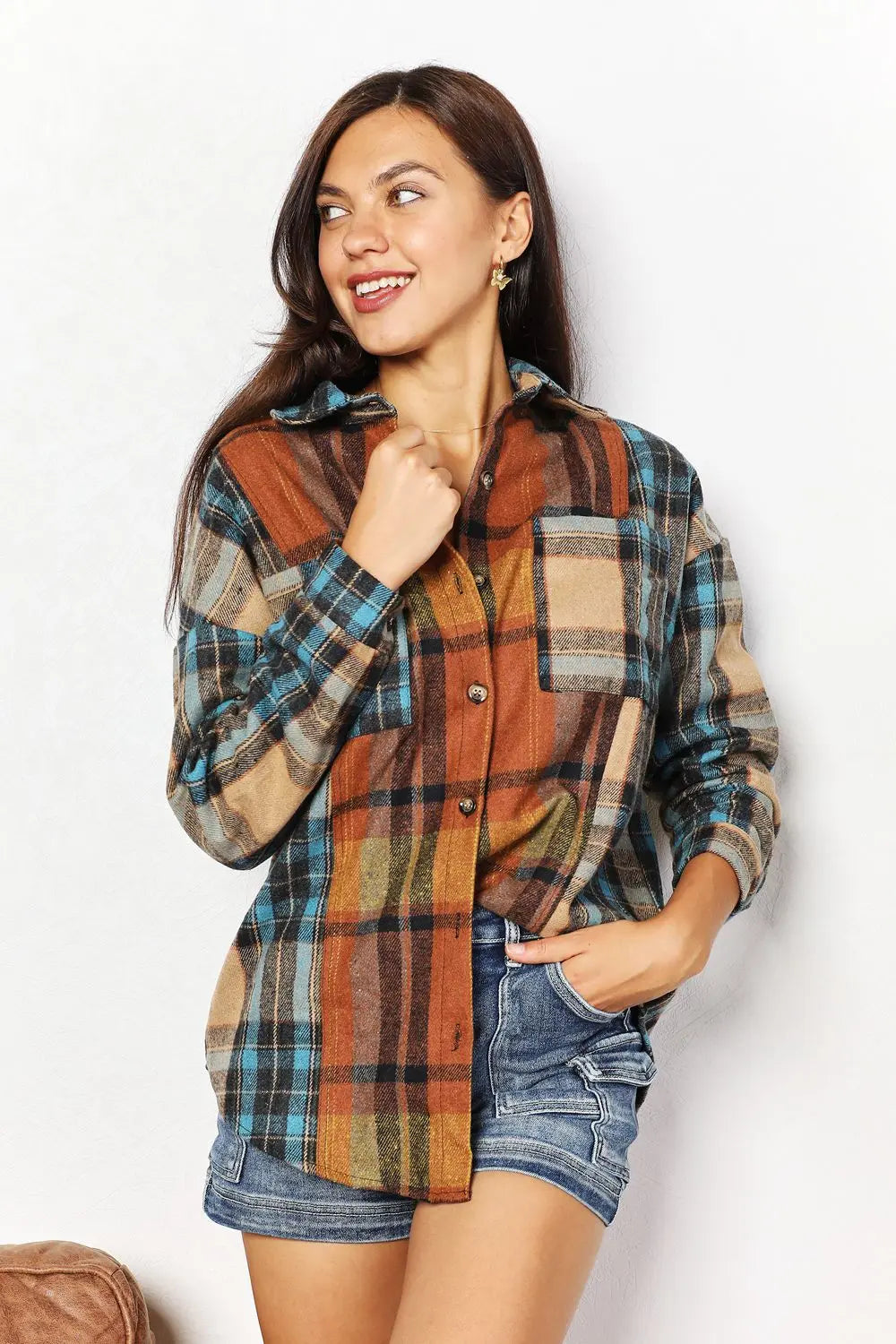 Double Take - Plaid - Curved Hem - Shirt Jacket with Breast Pockets - Pfresh