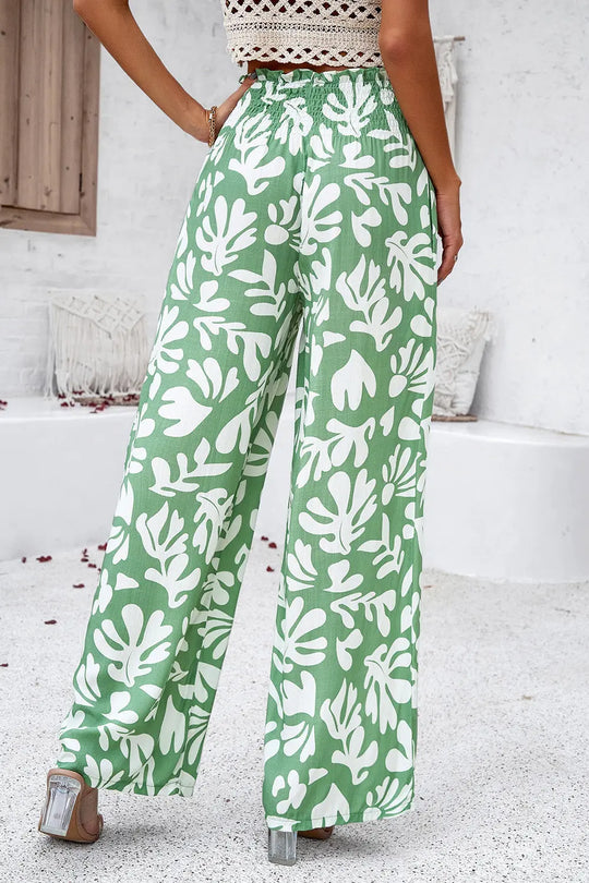 Devine - Smocked Printed - Wide Leg - Pants with Pockets - Pfresh