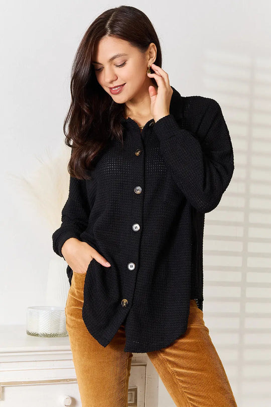 Double Take - Waffle-Knit - Collared Neck - Dropped Shoulder Shirt - Pfresh