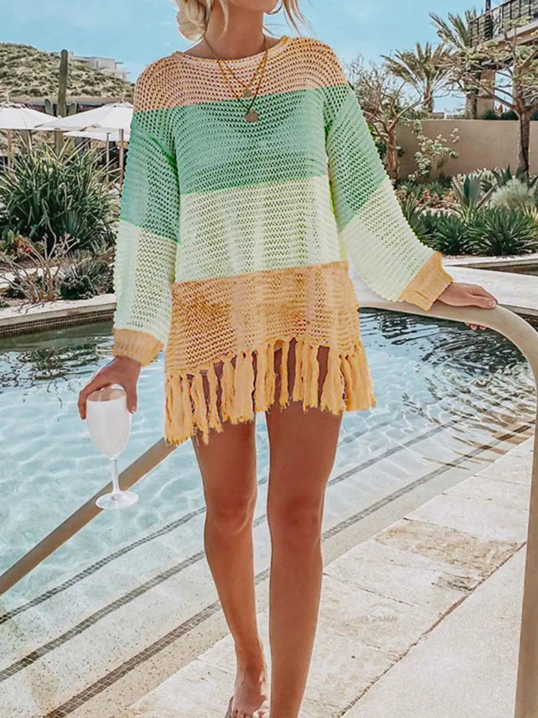 Openwork Tassel Hem Long Sleeve Knit Cover Up - Pfresh