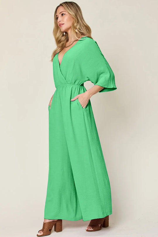 Double Take - Full Size - Surplice Wide Leg - Jumpsuit with Pockets - Pfresh