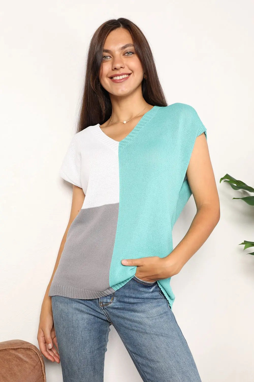 Knit Top, Color Block V-Neck - Pfresh