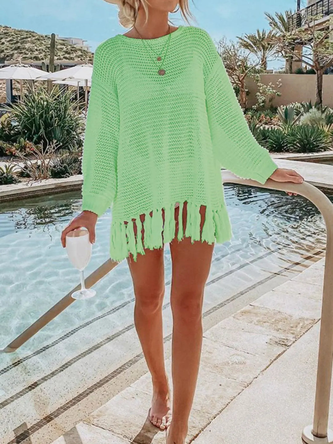 Openwork Tassel Hem Long Sleeve Knit Cover Up - Pfresh