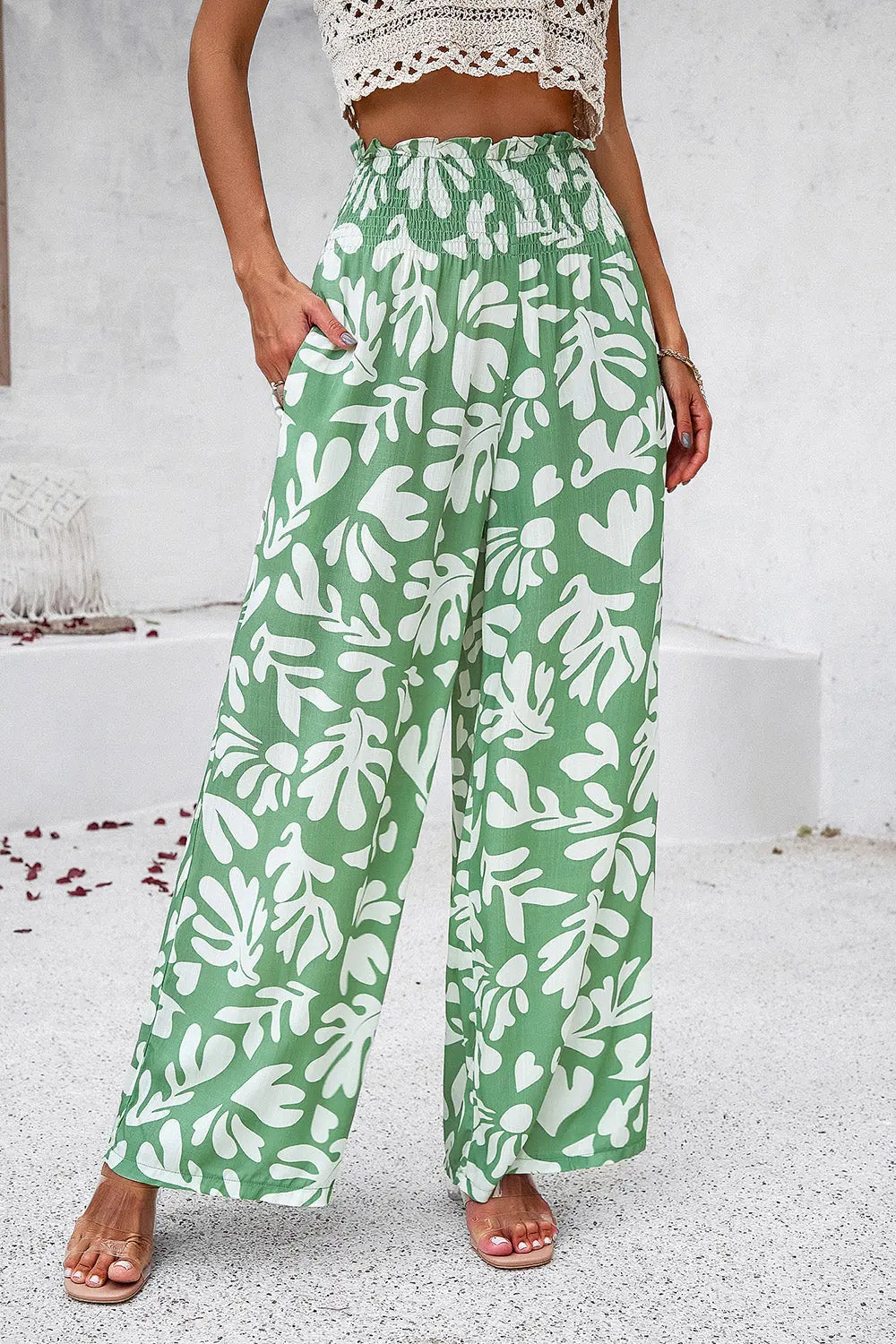 Devine - Smocked Printed - Wide Leg - Pants with Pockets - Pfresh