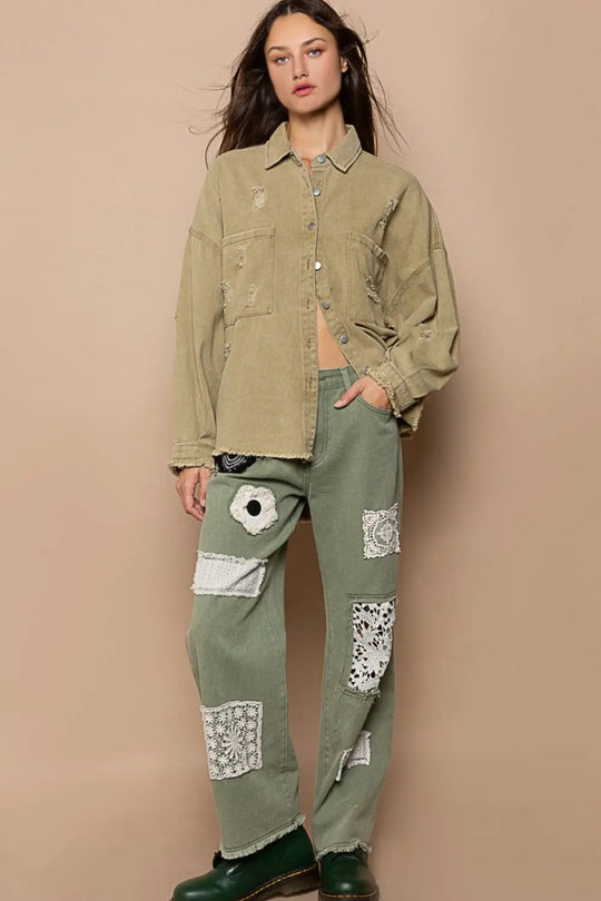 POL - Button Down Raw Hem - Distressed Shacket - Pfresh