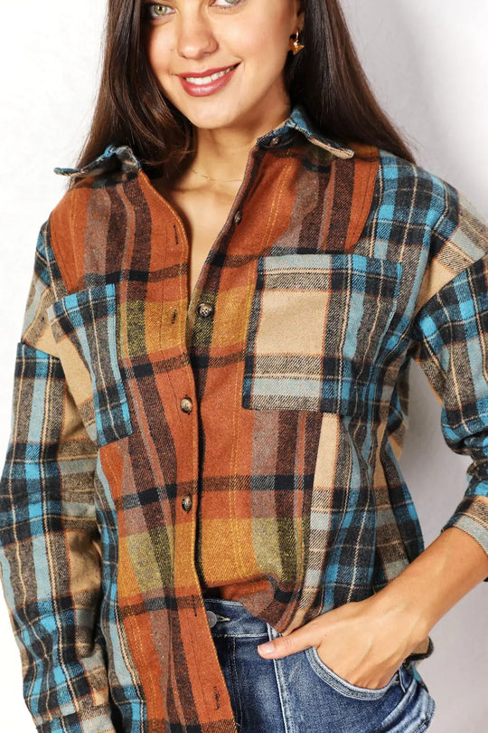 Double Take - Plaid - Curved Hem - Shirt Jacket with Breast Pockets - Pfresh