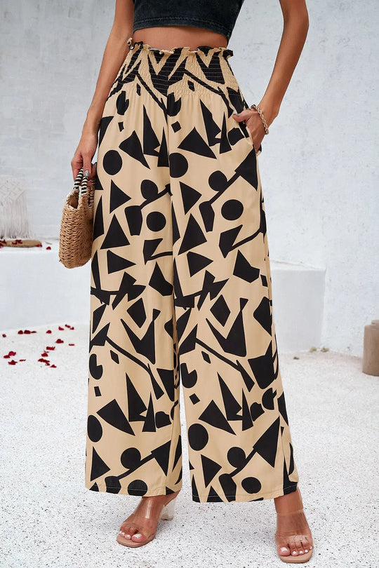 Devine - Smocked Printed - Wide Leg - Pants with Pockets - Pfresh