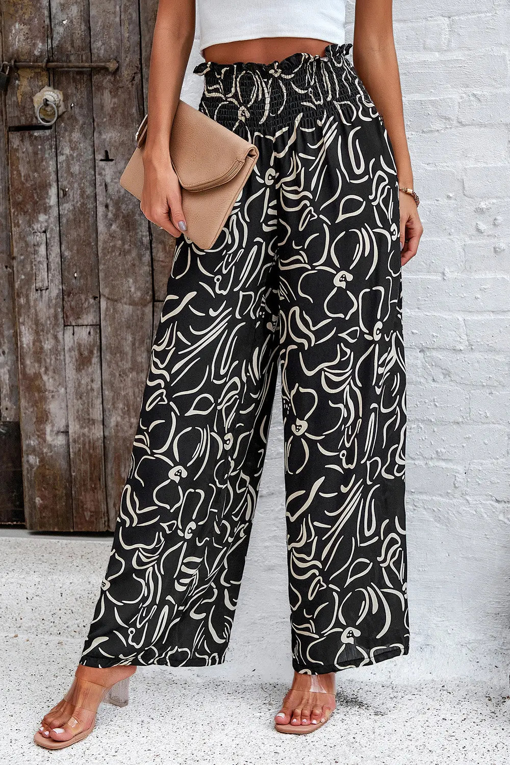 Devine - Smocked Printed - Wide Leg - Pants with Pockets - Pfresh