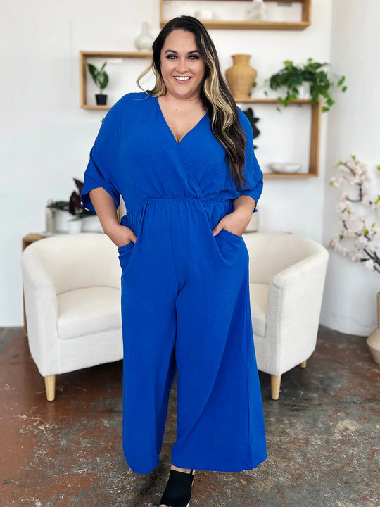 Double Take - Full Size - Surplice Wide Leg - Jumpsuit with Pockets - Pfresh