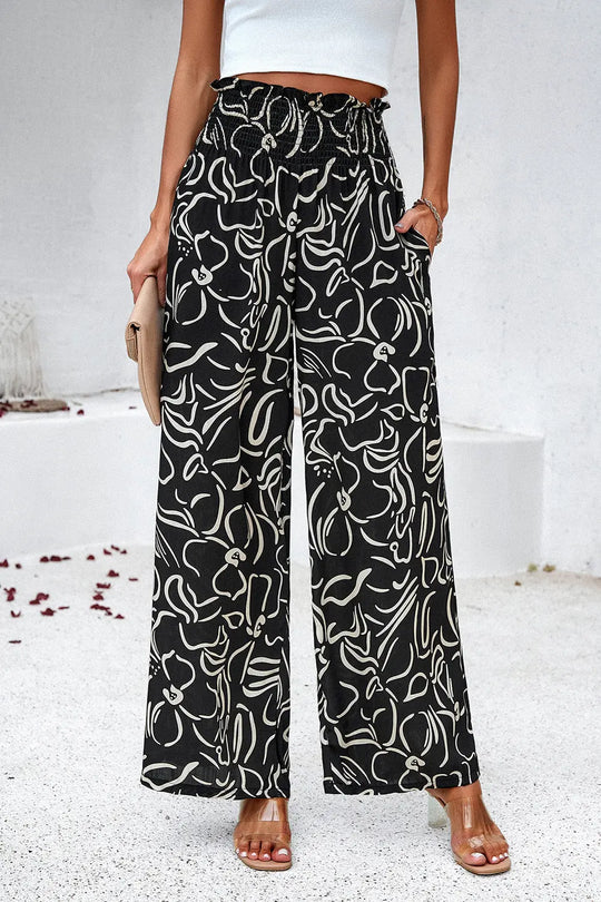 Devine - Smocked Printed - Wide Leg - Pants with Pockets - Pfresh