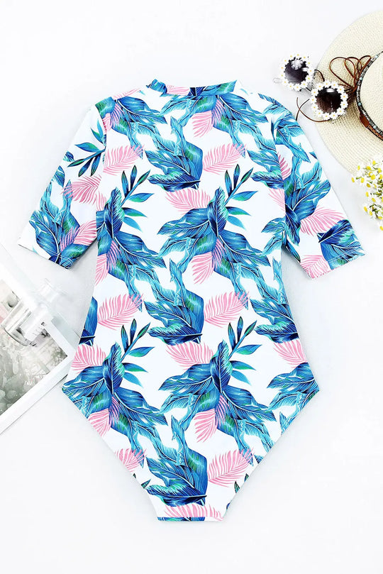 Printed Notched Half Sleeve One-Piece Swimwear - Pfresh