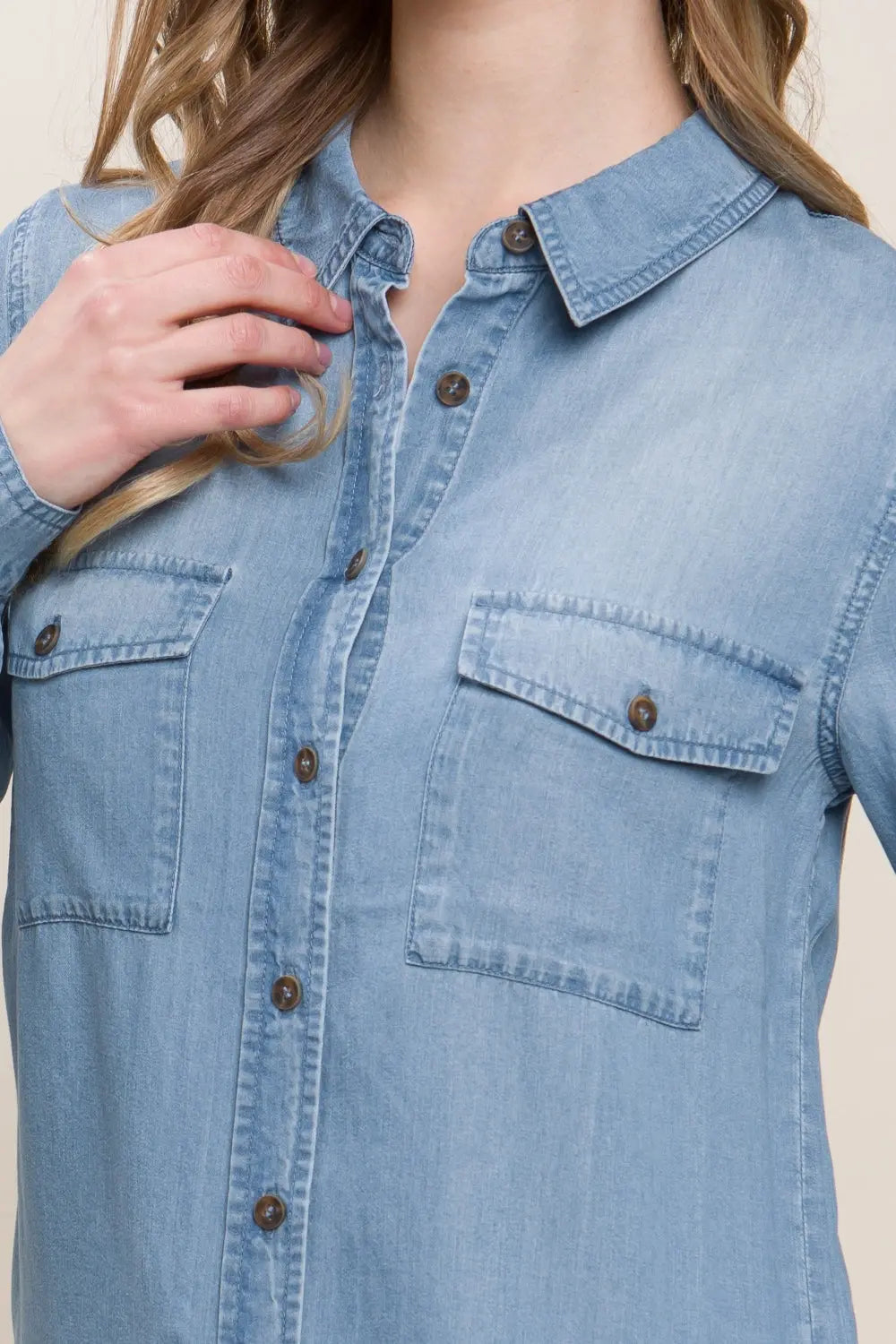 Love Tree - Scooped Hem -  Button Up Denim Shirt - Pfresh