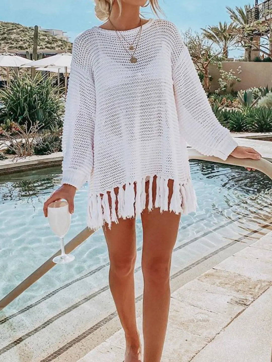 Openwork Tassel Hem Long Sleeve Knit Cover Up - Pfresh