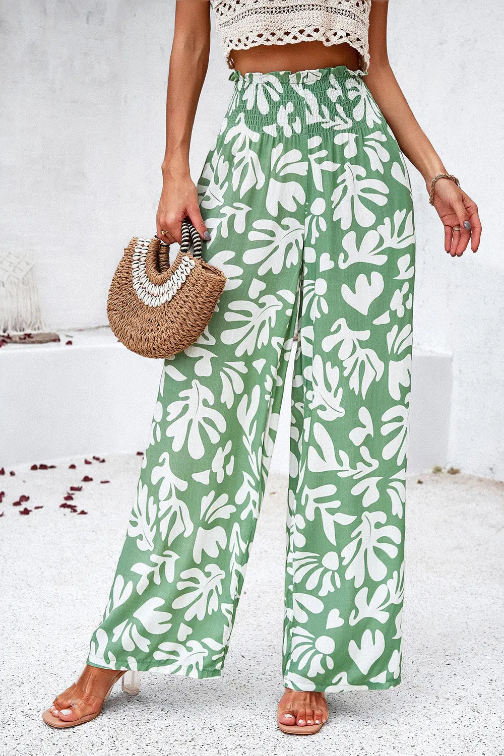 Devine - Smocked Printed - Wide Leg - Pants with Pockets - Pfresh