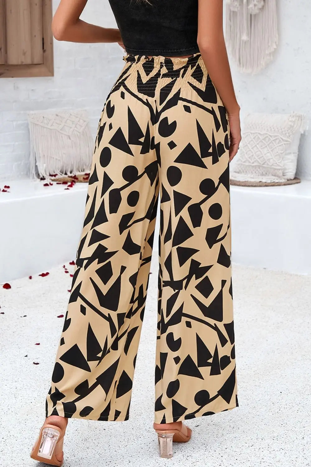 Devine - Smocked Printed - Wide Leg - Pants with Pockets - Pfresh