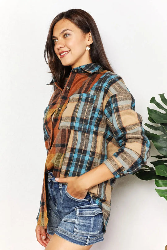 Double Take - Plaid - Curved Hem - Shirt Jacket with Breast Pockets - Pfresh