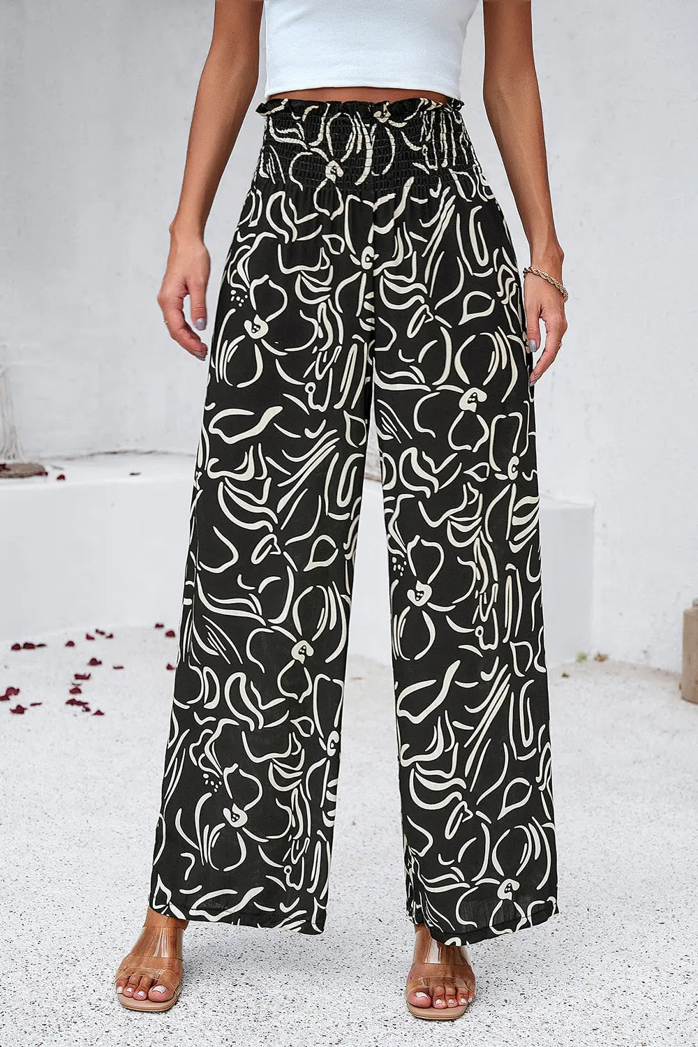 Devine - Smocked Printed - Wide Leg - Pants with Pockets - Pfresh