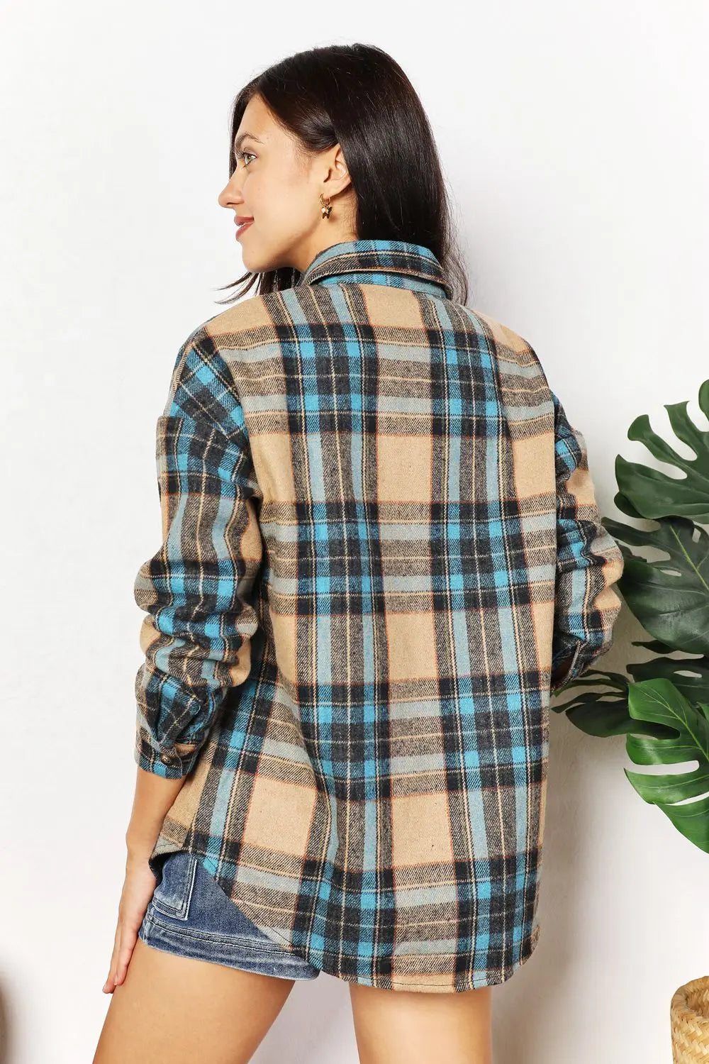 Double Take - Plaid - Curved Hem - Shirt Jacket with Breast Pockets - Pfresh