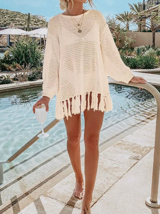 Openwork Tassel Hem Long Sleeve Knit Cover Up - Pfresh