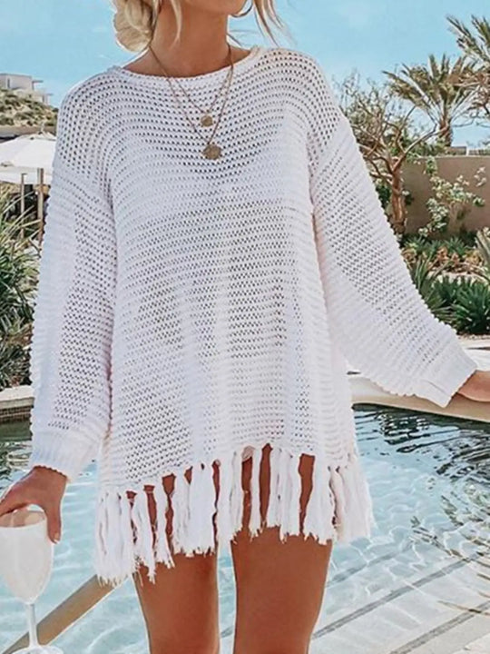 Openwork Tassel Hem Long Sleeve Knit Cover Up - Pfresh