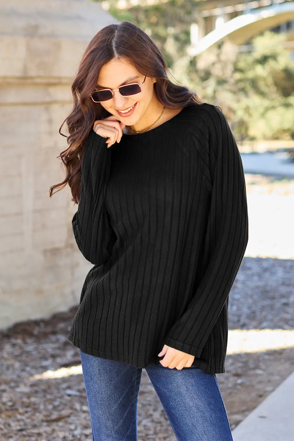 Basic Bae - Full Size - Ribbed Round Neck - Long Sleeve Knit Top - Pfresh