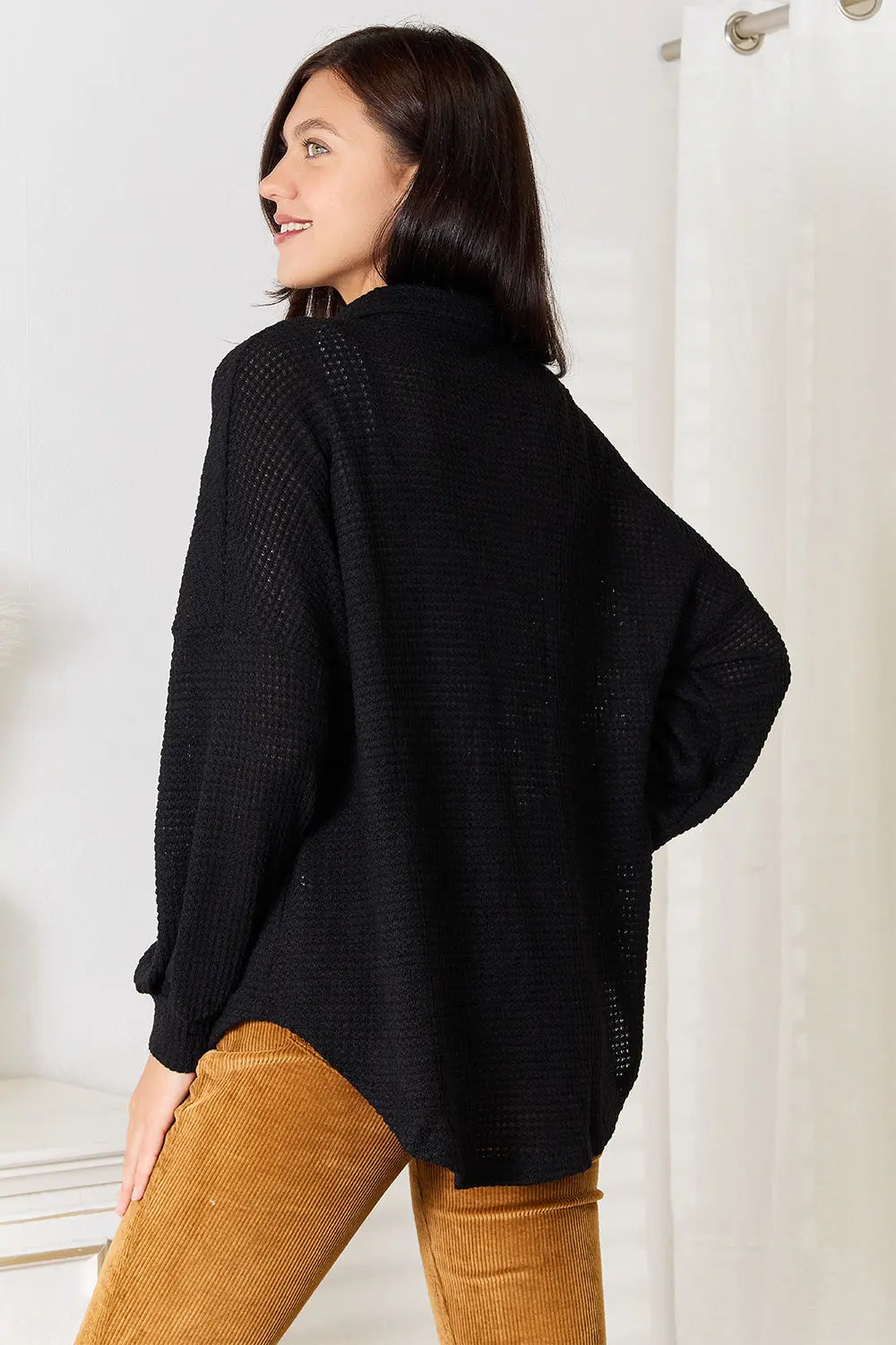 Double Take - Waffle-Knit - Collared Neck - Dropped Shoulder Shirt - Pfresh