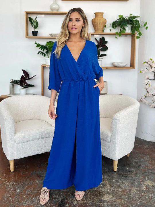 Double Take - Full Size - Surplice Wide Leg - Jumpsuit with Pockets - Pfresh