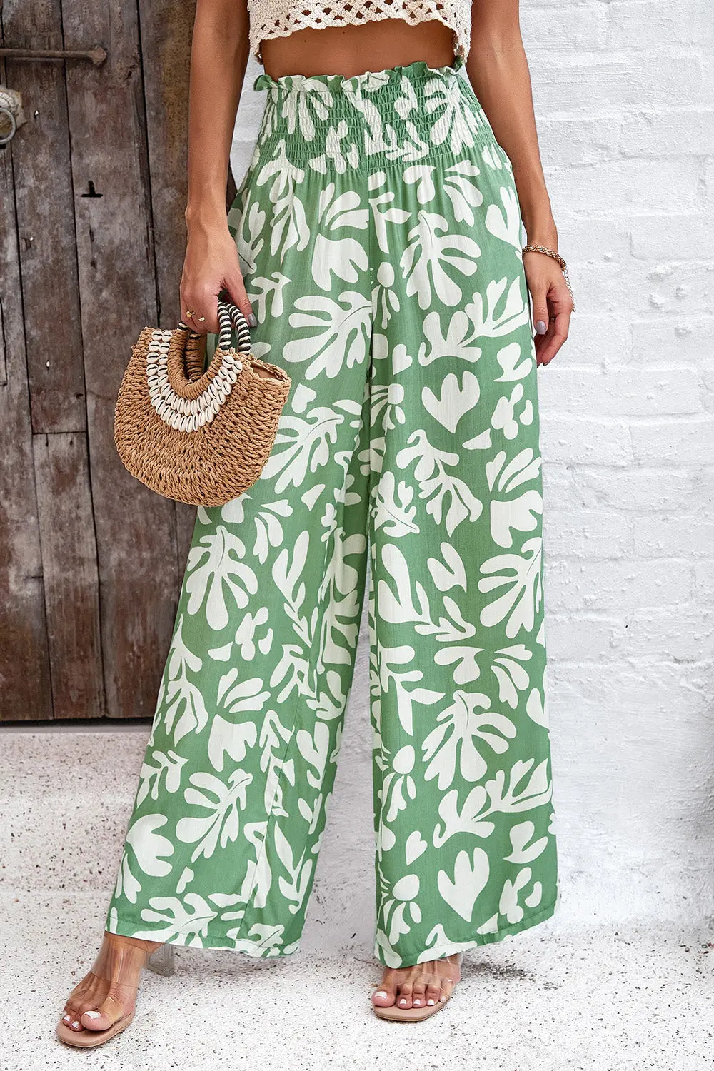 Devine - Smocked Printed - Wide Leg - Pants with Pockets - Pfresh