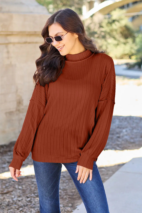 Basic Bae - Full Size - Ribbed Exposed Seam - Mock Neck Knit Top - Pfresh