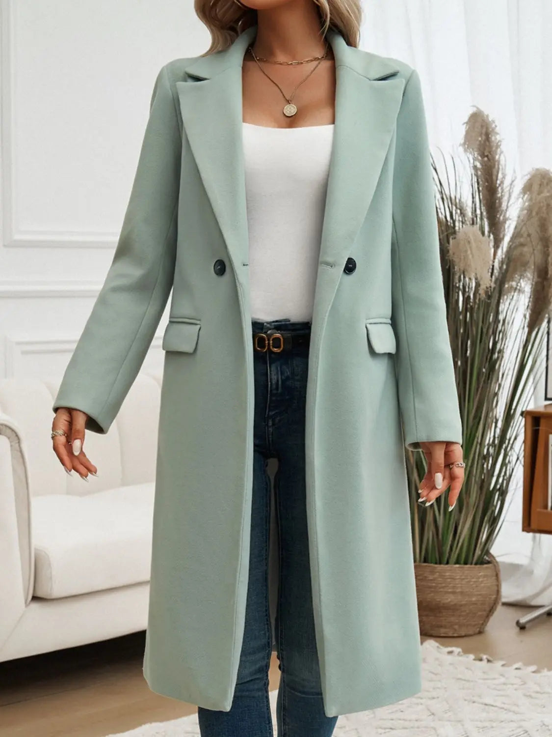 Devine - Pocketed - Collared Neck - Long Sleeve Coat - Pfresh