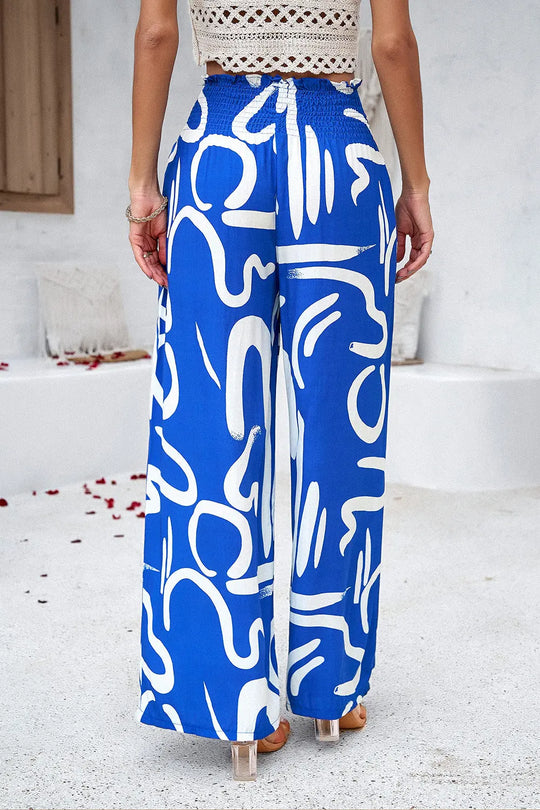 Devine - Smocked Printed - Wide Leg - Pants with Pockets - Pfresh