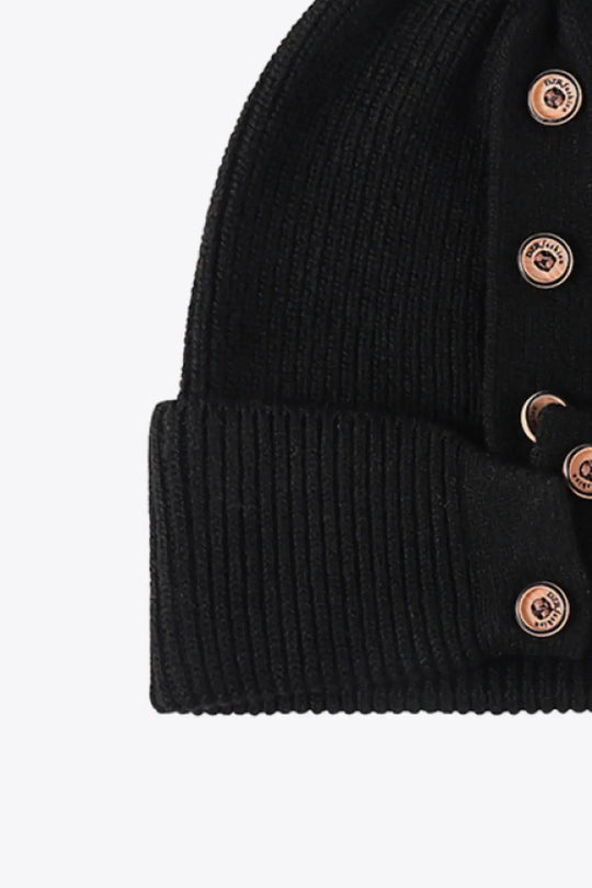 Button Detail Rib-Knit Cuff Beanie Trendsi