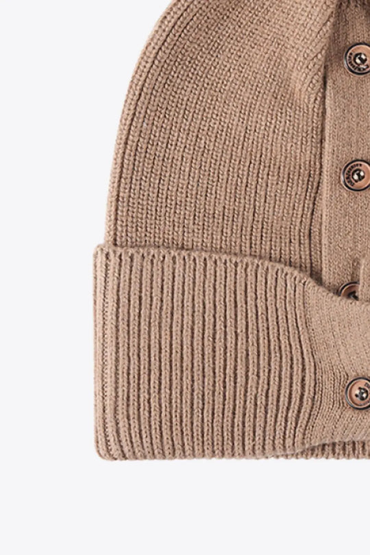 Button Detail Rib-Knit Cuff Beanie Trendsi