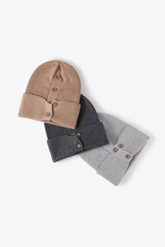 Button Detail Rib-Knit Cuff Beanie Trendsi