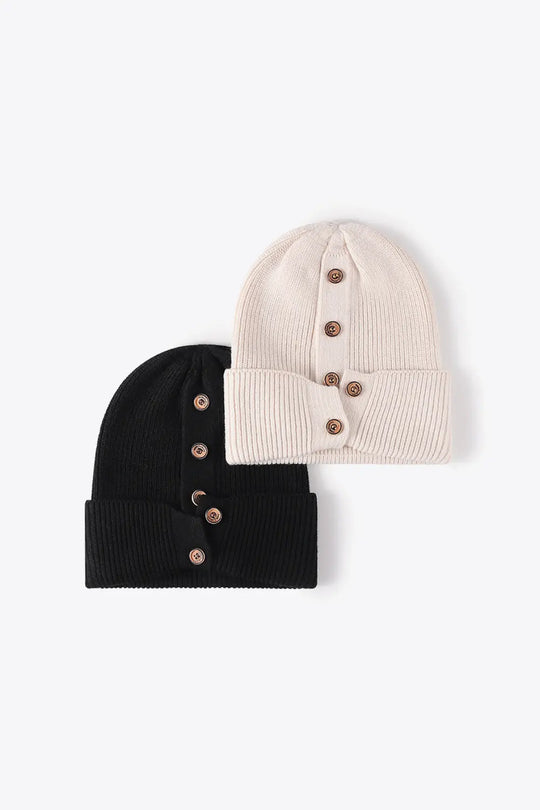 Button Detail Rib-Knit Cuff Beanie Trendsi