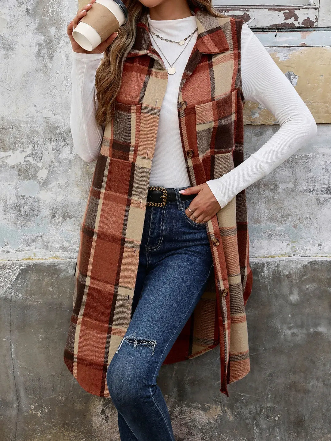 Button Up Plaid Vest Trendsi